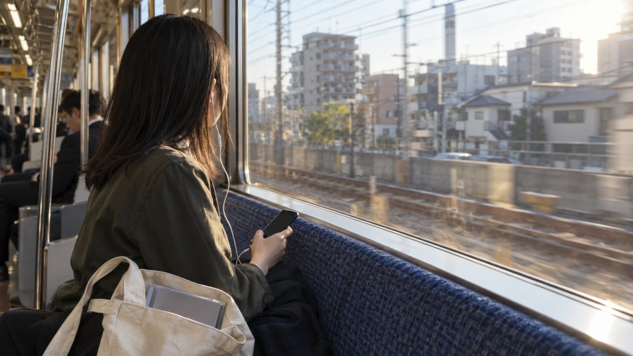 Seorang penumpang mendengar muzik dengan fon telinga berwayar di dalam kereta api di Tokyo.