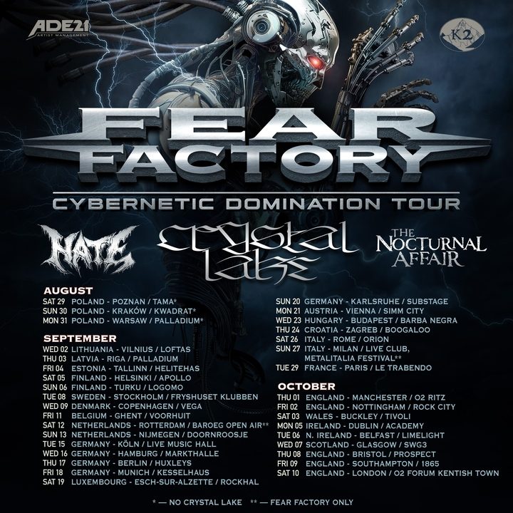 Cybernetic Domination Tour 2026 — Fear Factory with Crystal Lake, Hate and The Nocturnal Affair