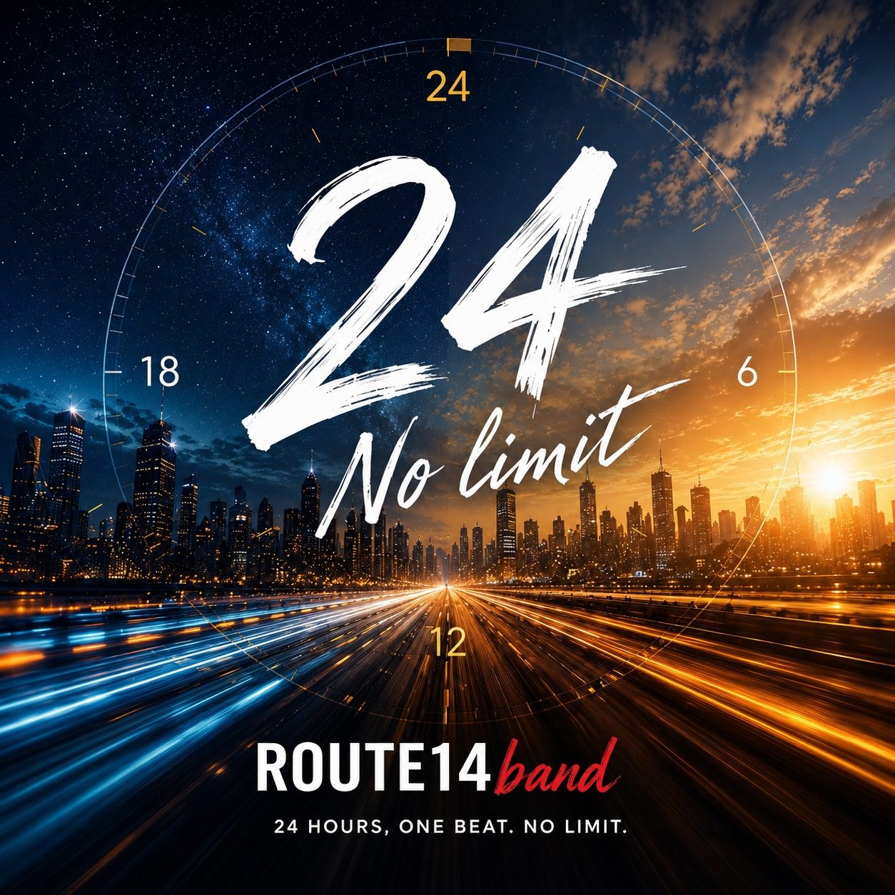 ROUTE14band's 24 No Limit album cover: a city skyline with a 24-hour clock.